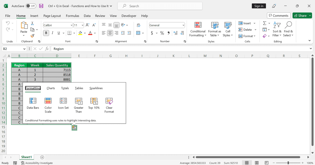 Ctrl + Q in Excel: Functions and How to Use It - Screenshot of the Quick Analysis Tool Interface that Shows Up after We Click Its Button