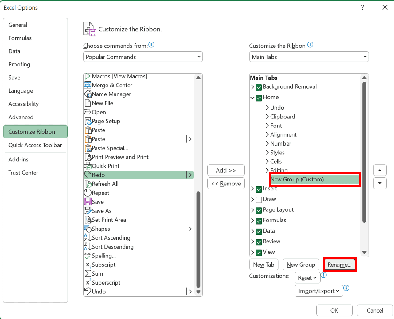 Ctrl + Y in Excel: Functions and How to Use It - Screenshot of the New Group in the Ribbon's Right Box and Rename... Button Locations