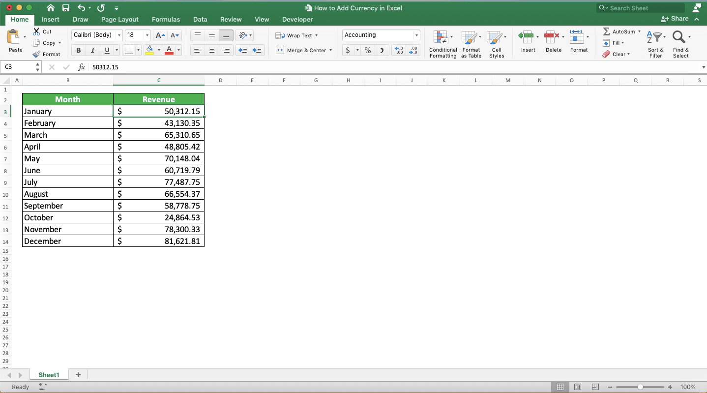 How to Create/Add a Currency Symbol in Excel - Screenshot of the Currency Symbol Addition Result Example Using the Accounting Format