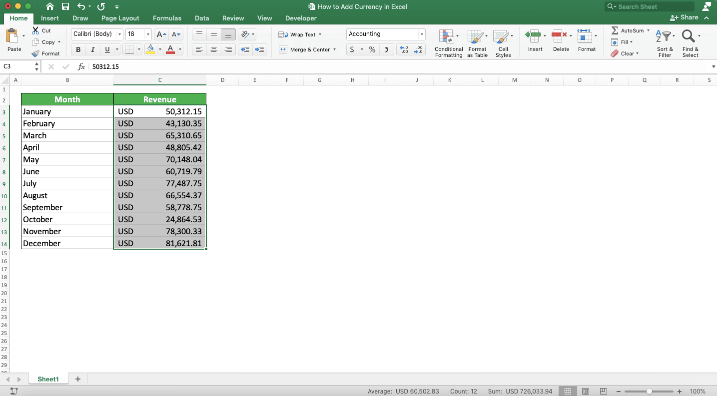 How to Create/Add a Currency Symbol in Excel - Screenshot of the Result Example of Using the International Currency Symbols