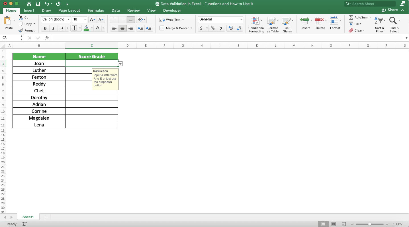 Data Validation in Excel: Functions and How to Use It - Screenshot of an Input Message on the Score Grade Cell