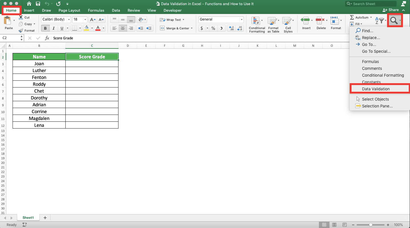 Data Validation in Excel: Functions and How to Use It - Screenshot of the Home Tab, Find & Select Button, and Data Validation Choice Locations