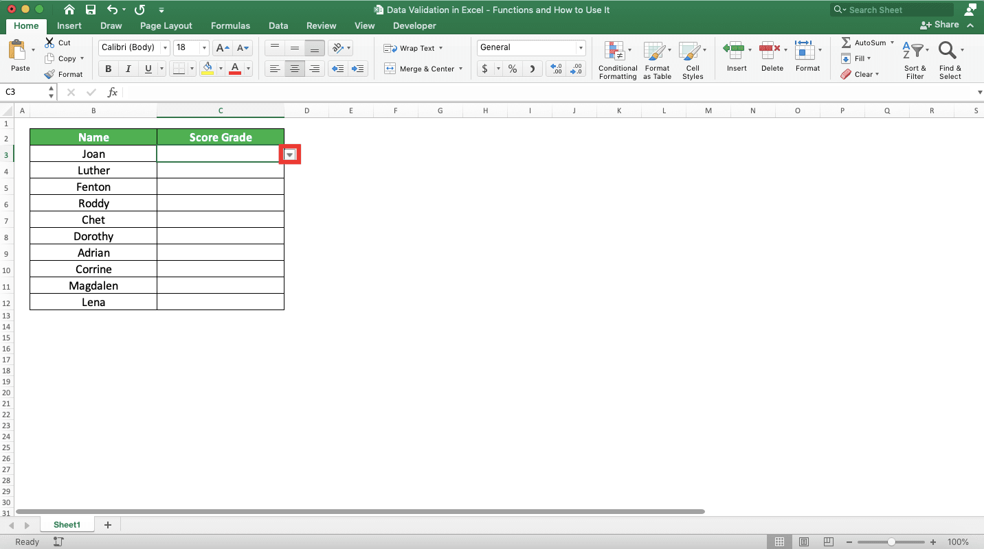 Data Validation in Excel: Functions and How to Use It - Screenshot of the Cell Dropdown Button Example from the List Data Validation