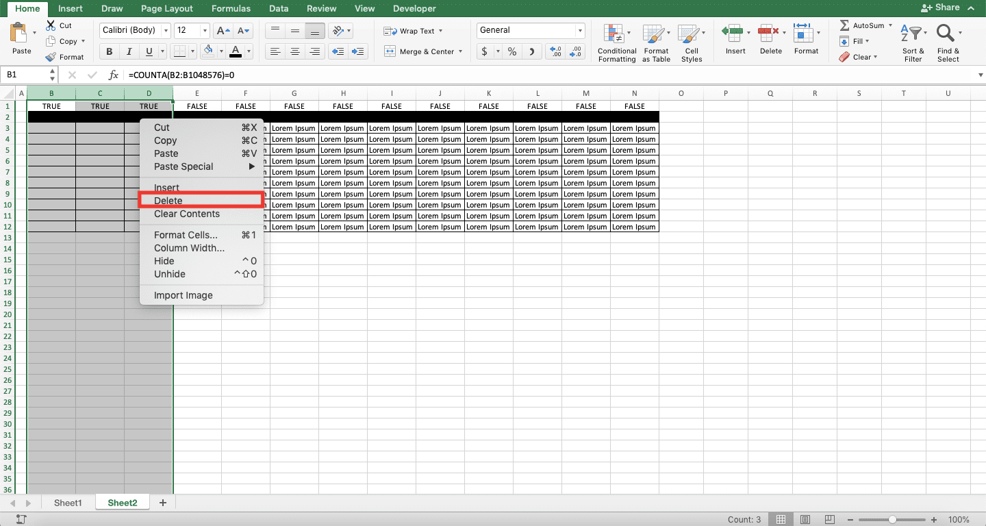 delete blank columns in excel for mac