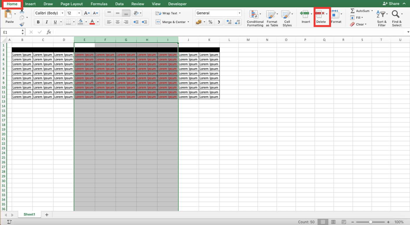 How to Delete Columns in Excel - Screenshot of Step 2, Delete Column Menu Method