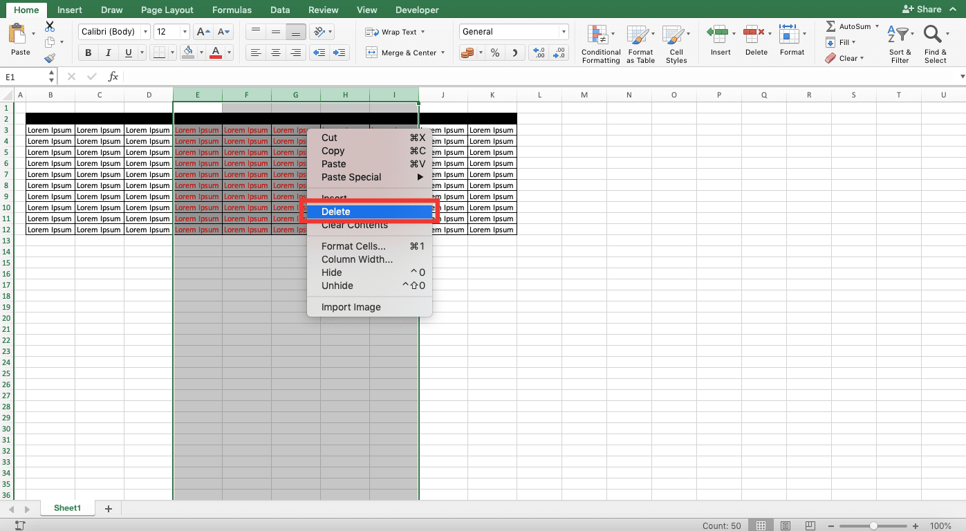 How to Delete Columns in Excel - Screenshot of Step 2, Right-Click Method