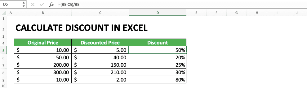 How to Calculate Discount in Excel: Examples and Formulas - Screenshot of an Example for the Discount Percentage Calculations