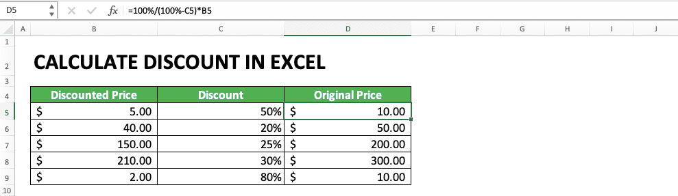 How to Calculate Discount in Excel: Examples and Formulas - Screenshot of an Example for the Original Price Calculations