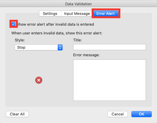 How to Create a Drop-down List in Excel - Screenshot of the Error Alert Tab and Show error alert after invalid data is entered Checkbox Locations