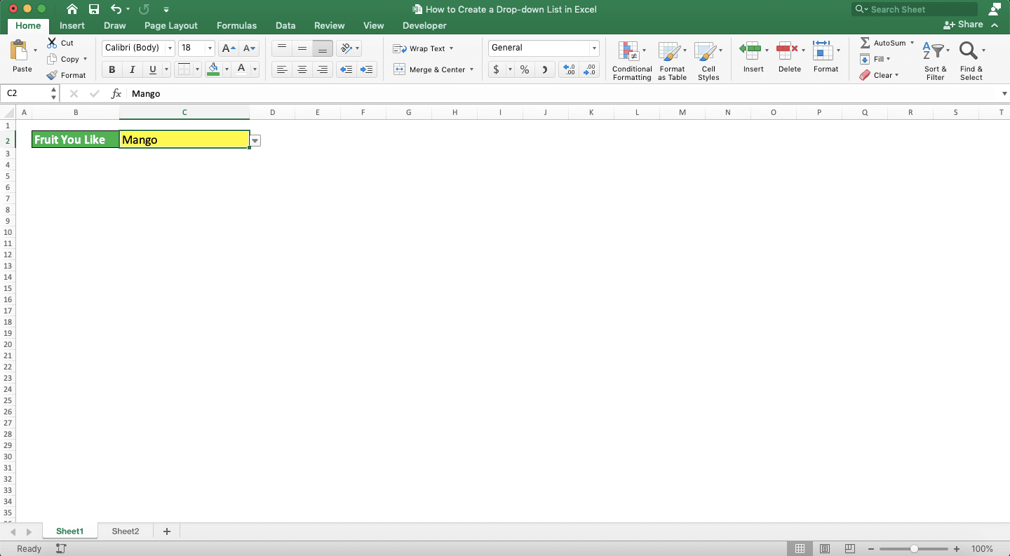 How to Create a Drop-down List in Excel - Screenshot of the Drop-down List with Color Example 2