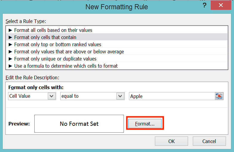 How to Create a Drop-down List in Excel - Screenshot of the Format... Button Location in the Conditional Formatting Dialog Box