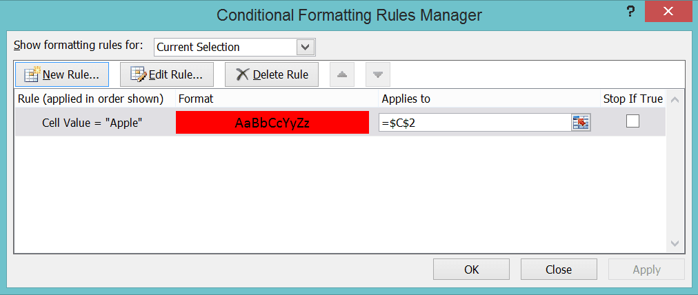 How to Create a Drop-down List in Excel - Screenshot of the Color Rule Example for the First Drop-down Choice