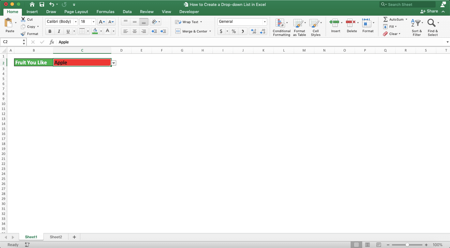 How to Create a Drop-down List in Excel - Screenshot of the Drop-down List with Color Example 1