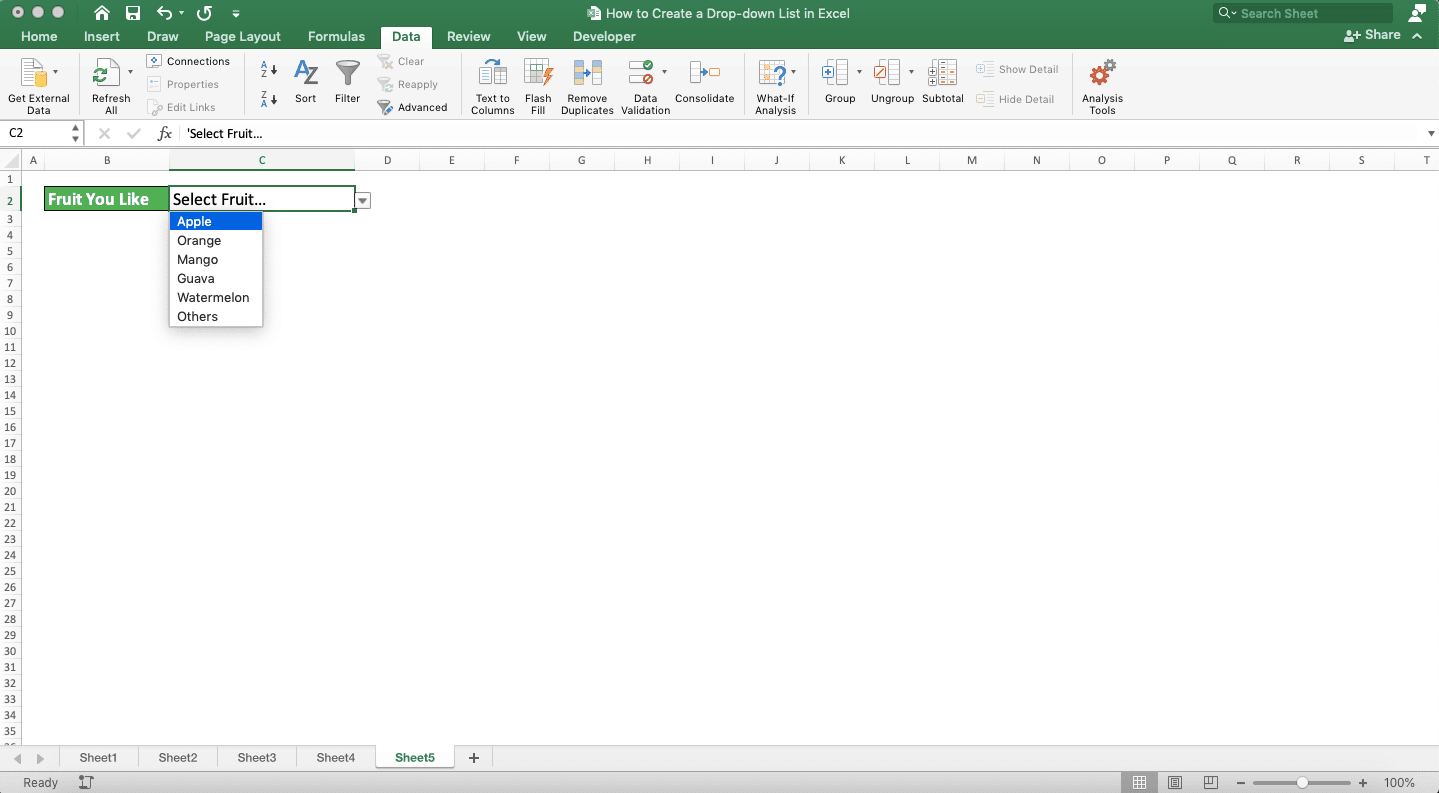 How to Create a Drop-down List in Excel - Screenshot of the Creation of a Drop-down List with a Default Value, Step 6