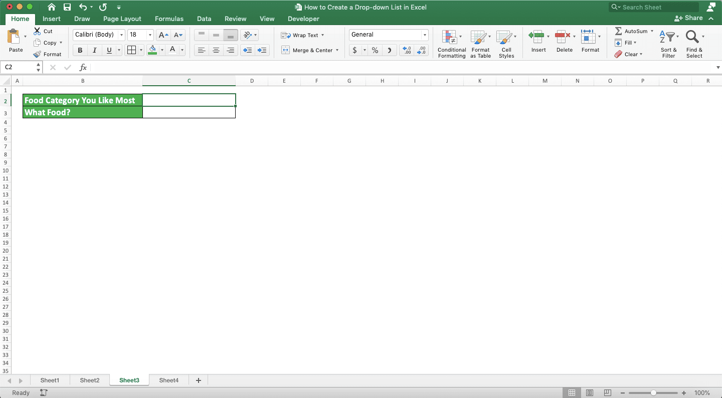How to Create a Drop-down List in Excel - Screenshot of the Cells for the Conditional/Dependent Drop-down Creation Example