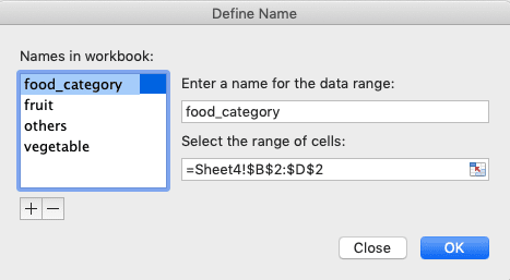 How to Create a Drop-down List in Excel - Screenshot of the Cell Range Names for the Conditional/Dependent Drop-down Creation Example