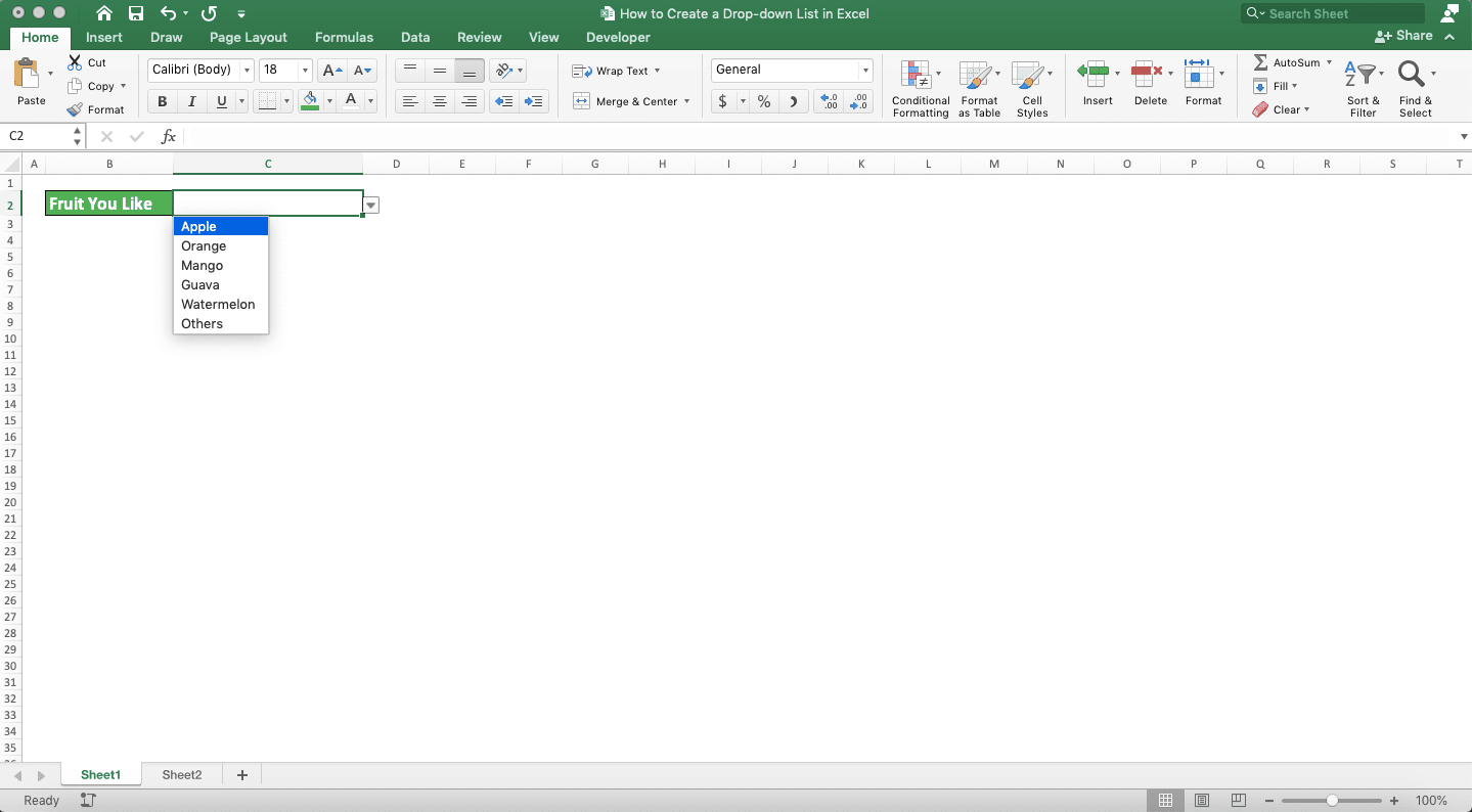 How to Create a Drop-down List in Excel - Screenshot of the Drop-down for the Dynamic Drop-down Creation Example