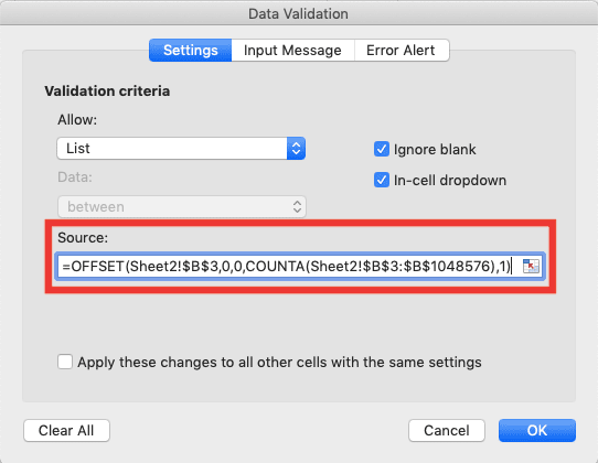 How to Create a Drop-down List in Excel - Screenshot of the OFFSET and COUNTA Combination Example in the Dynamic Drop-down Choices Source Input