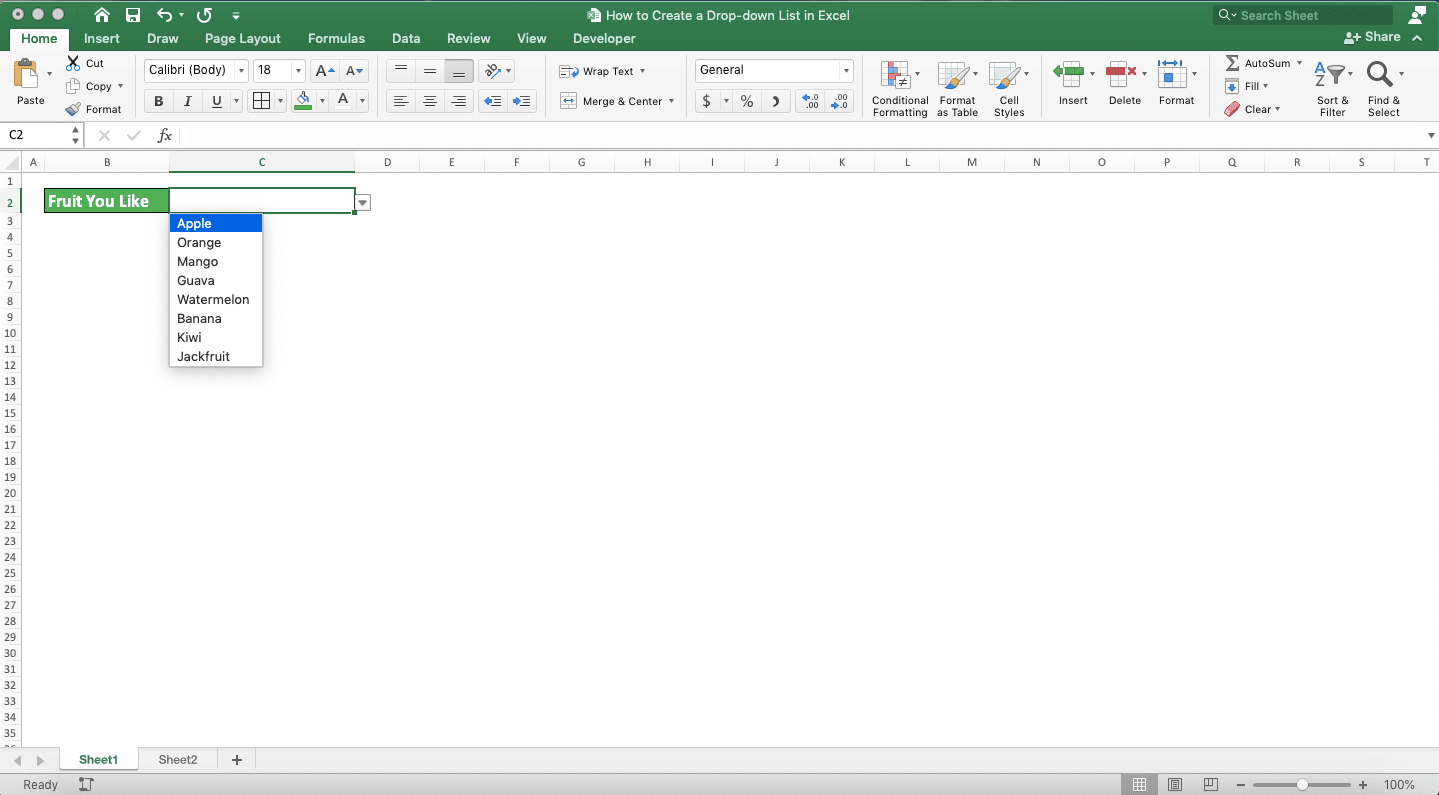 How to Create a Drop-down List in Excel - Screenshot of the Dynamic Drop-down Choices Example When We Add New Data in Its Cell Range Source