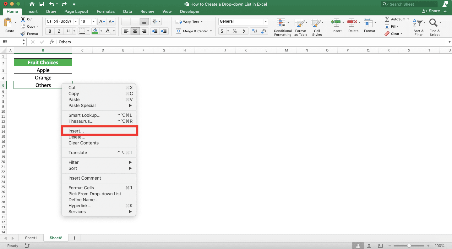 How to Create a Drop-down List in Excel - Screenshot of the Insert... Choice Location in the Cell Right-Click Menu