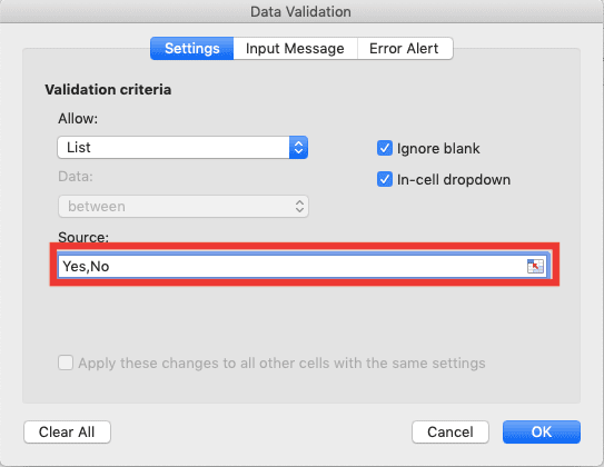 How to Create a Drop-down List in Excel - Screenshot of the Yes and No Input in the Source Text Box as the Drop-down Choices