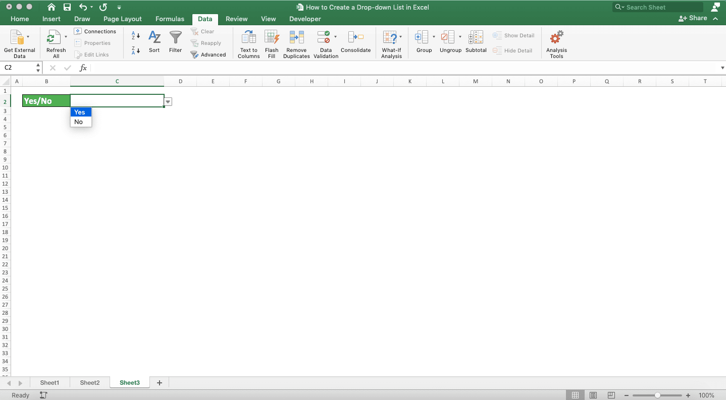 How to Create a Drop-down List in Excel - Screenshot of the Yes No Drop-down Example