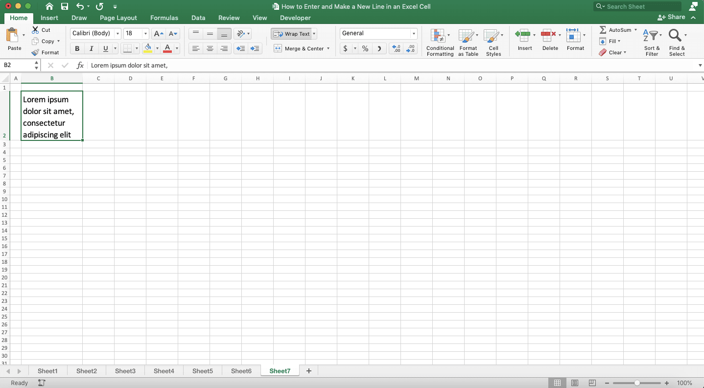 How to Enter and Make a New Line in an Excel Cell - Screenshot of the Wrap Text Implementation Example in Excel