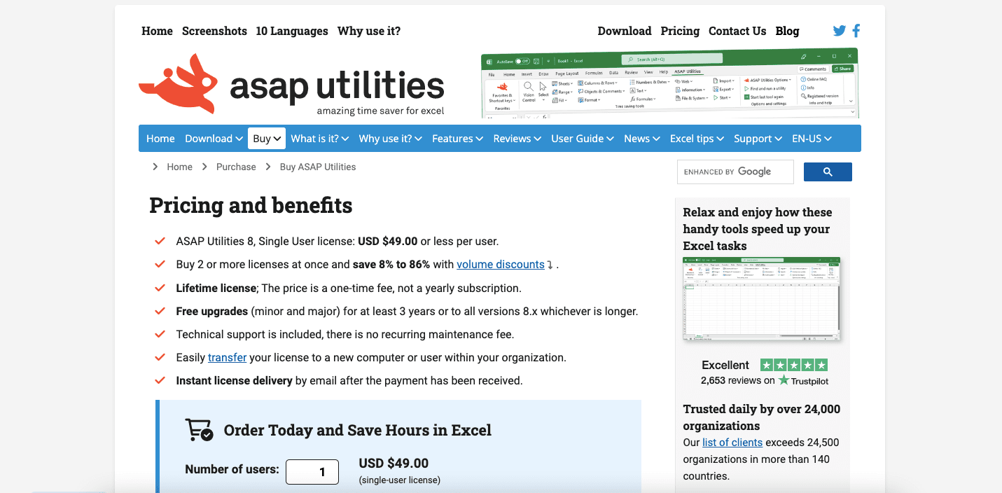 12 Best Excel Add-Ins of 2024 - ASAP Utilities Pricing Screenshot