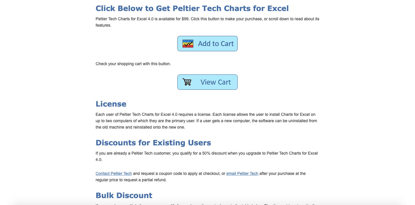 12 Best Excel Add-Ins of 2025 - Peltier Tech Charts Pricing Screenshot