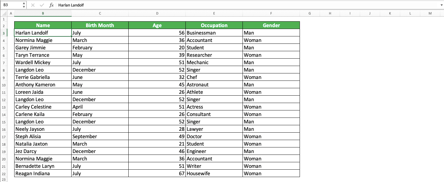 How to Find a Name in Excel Sheet - Screenshot of the Data Example to Find Duplicate Names in Excel