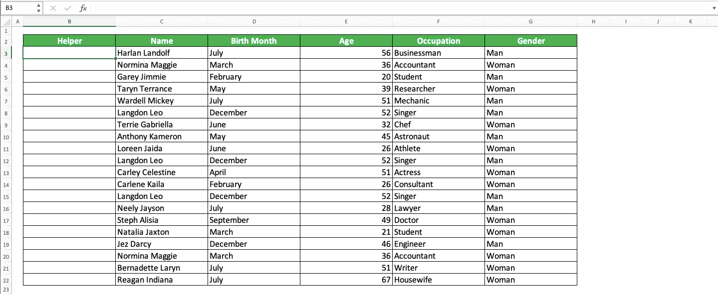 How to Find a Name in Excel Sheet - Screenshot of the Example for the Helper Column Preparation to Find Duplicate Names in Excel