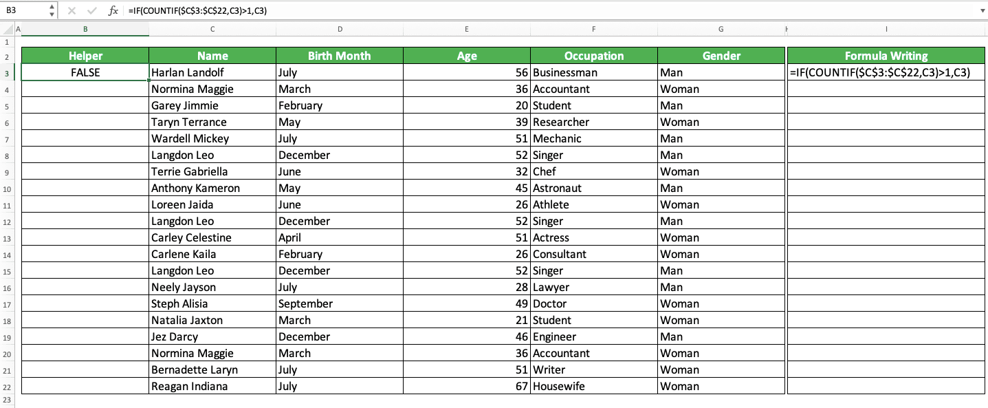 How to Find a Name in Excel Sheet - Screenshot of the Example for the IF COUNTIF Writing and Result to Find Duplicate Names in Excel