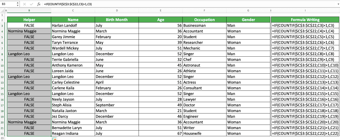 How to Find a Name in Excel Sheet - Screenshot of the Example for the IF COUNTIF Implementation to Find Duplicate Names in Excel