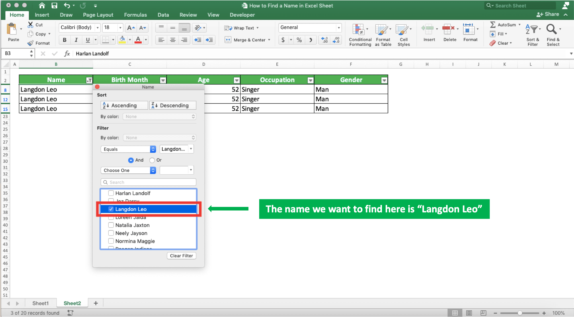 How to Find a Name in Excel Sheet - Screenshot of the Filter Settings Example to Find Name in Excel