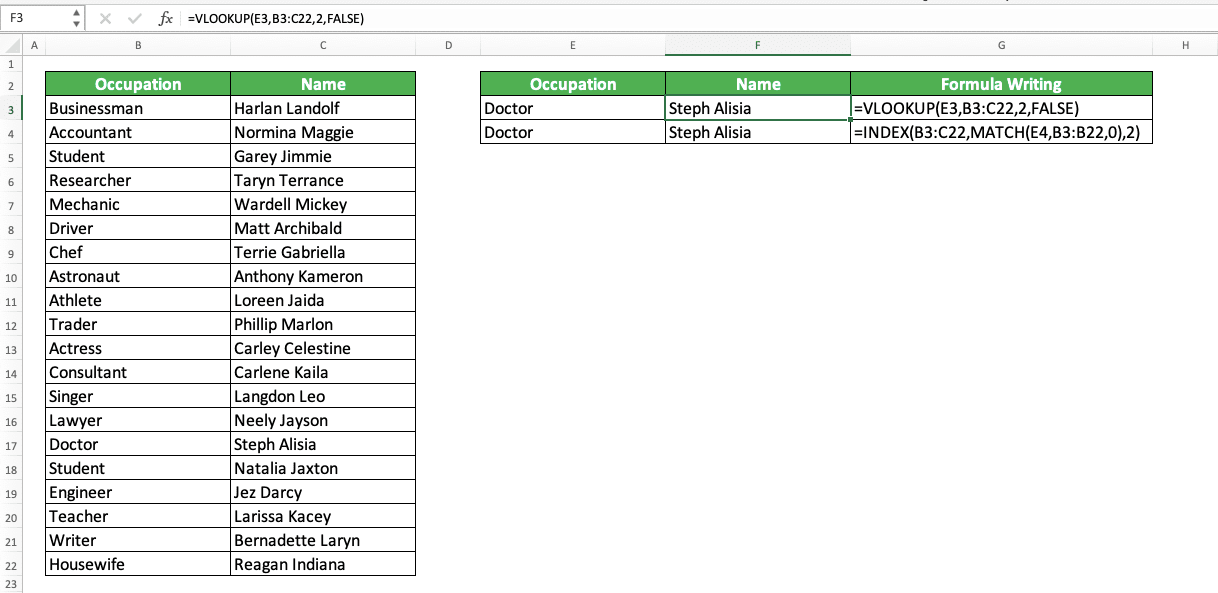 How to Find a Name in Excel Sheet - Screenshot of the Example for the VLOOKUP & INDEX MATCH Implementation to Find a Name with a Reference in Excel