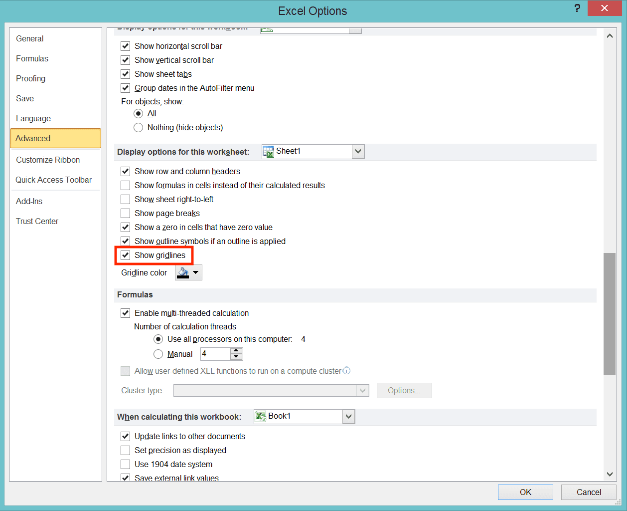 How to Remove Gridlines in Excel - Screenshot of the Excel Options Method, Step 4