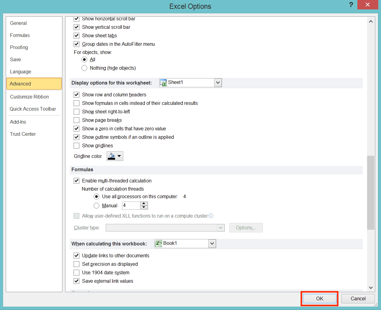 How to Remove Gridlines in Excel - Screenshot of the Excel Options Method, Step 5