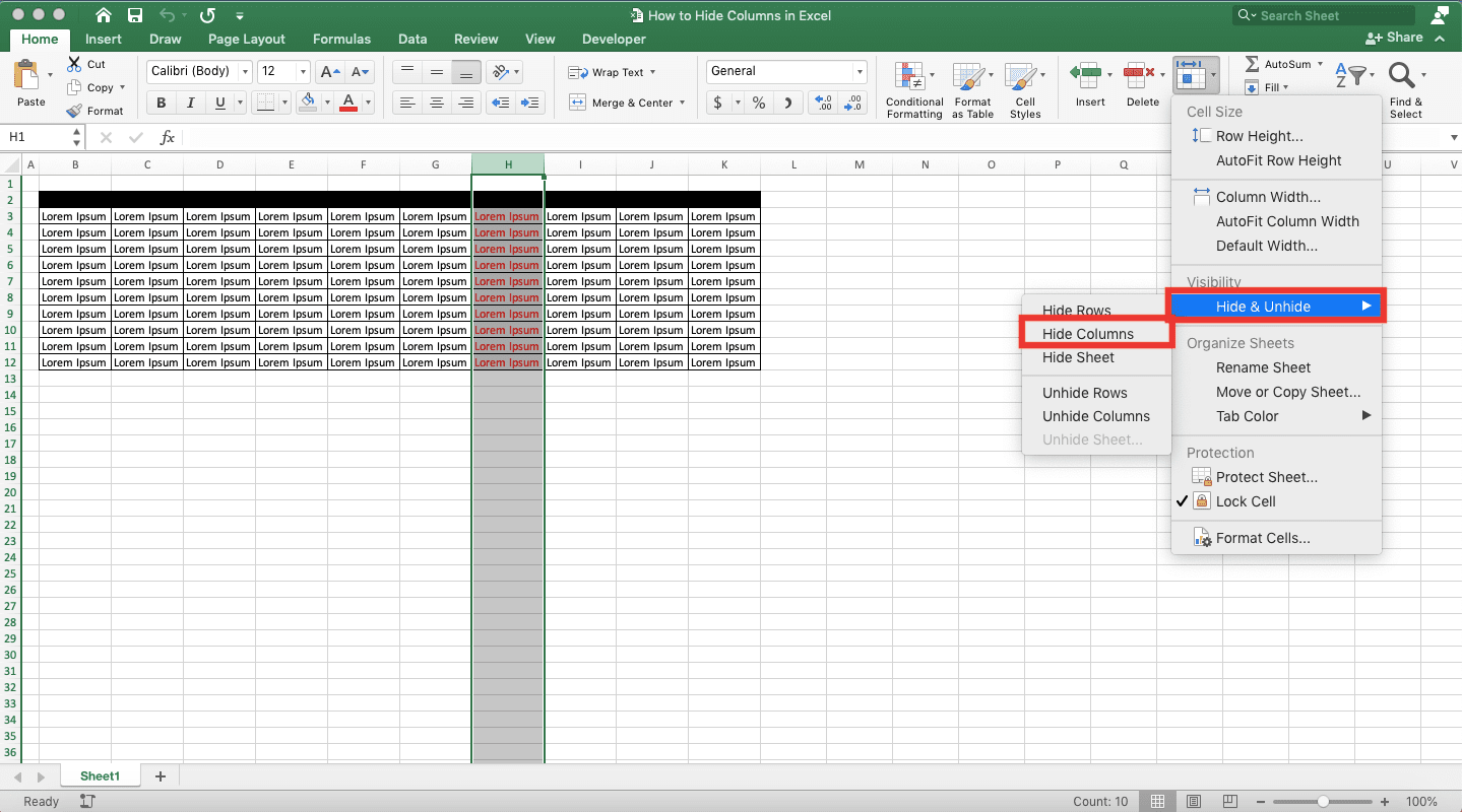 How to Hide Columns in Excel - Screenshot of Step 3, Format Button Method