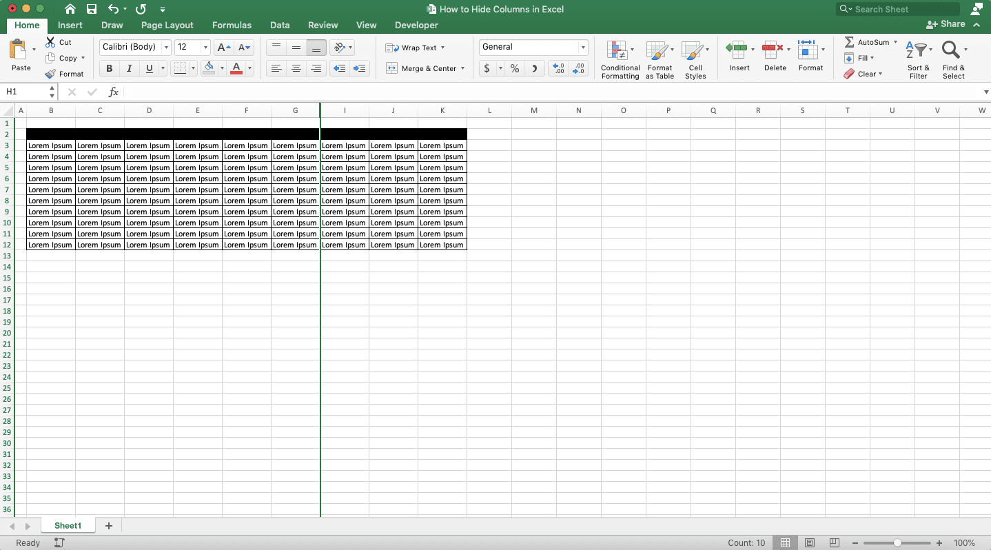 How to Hide Columns in Excel - Screenshot of Step 4, Format Button Method