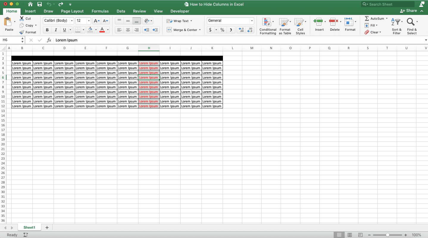 How to Hide Columns in Excel - Screenshot of Step 1, Shortcut Method