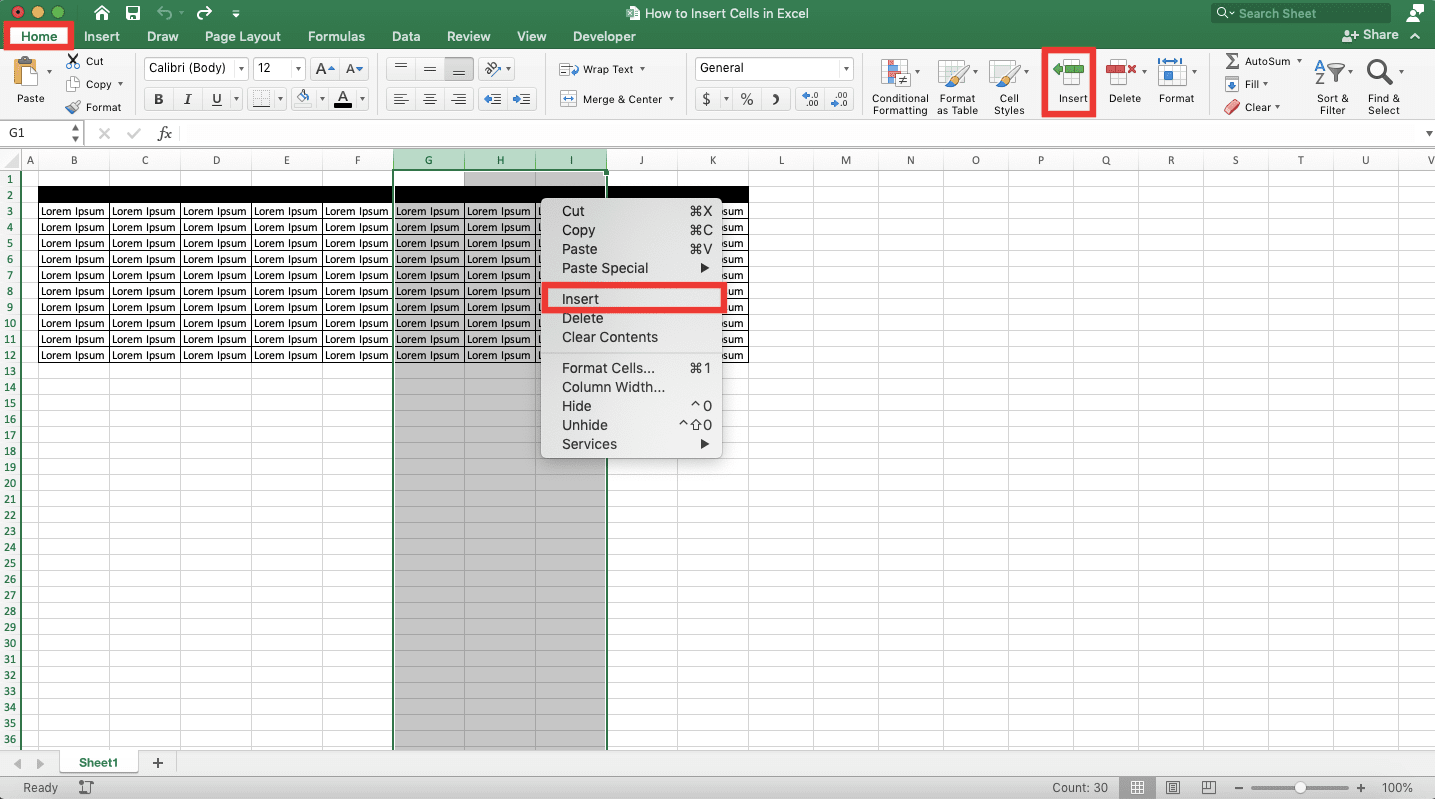 How to Insert Cells in Excel - Screenshot of Inserting Cells by Adding Columns, Step 2