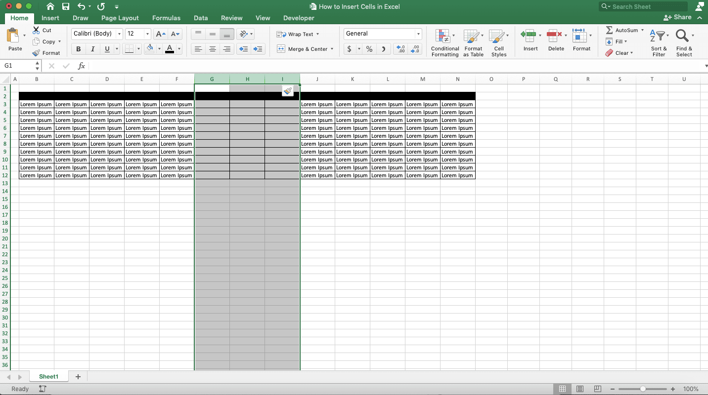 How to Insert Cells in Excel - Screenshot of Inserting Cells by Adding Columns, Step 3