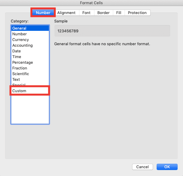 How to Add Leading Zeroes in Excel - Screenshot of the Number Tab and Custom Choice Location in the Format Cell Dialog Box