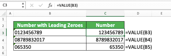 How to Add Leading Zeroes in Excel - Screenshot of the VALUE Implementation Example to Remove Leading Zeroes from a Number