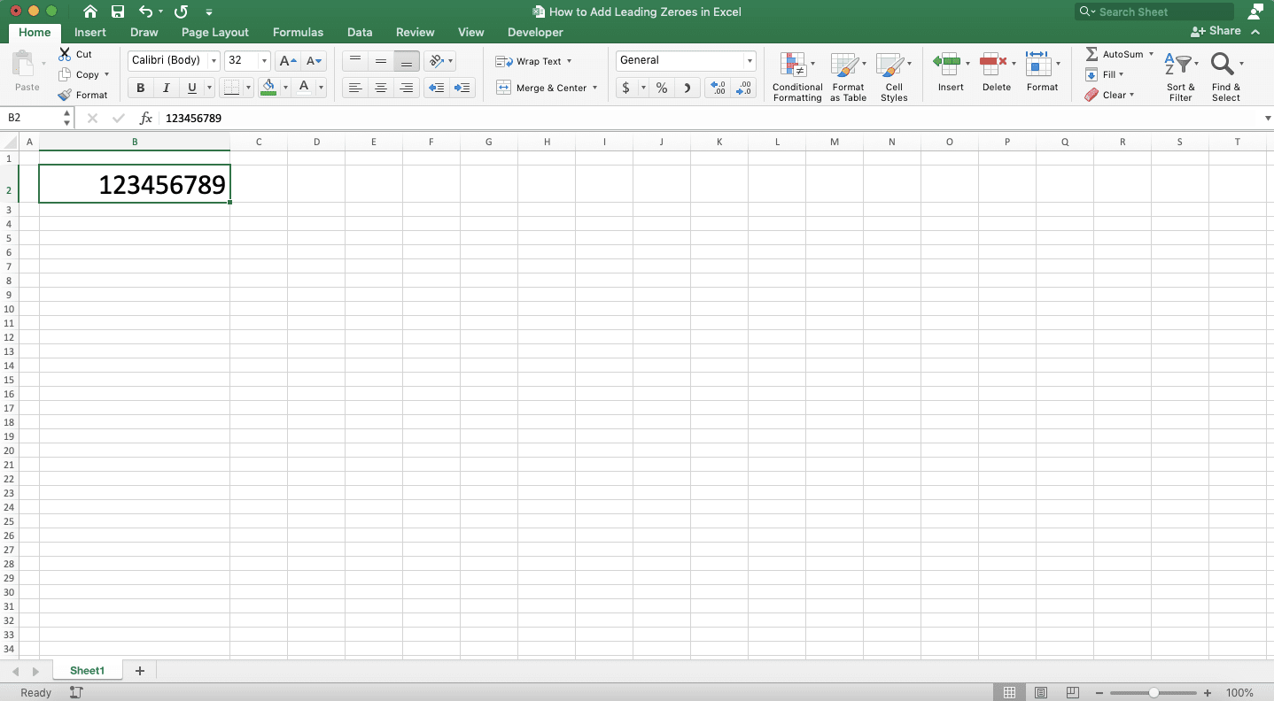 How to Add Leading Zeroes in Excel - Screenshot of the Home Tab, Cell Format Dropdown Button, and General Choice in the Dropdown List Location