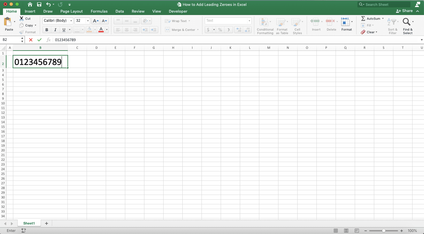 How to Add Leading Zeroes in Excel - Screenshot of Number with Leading Zeroes Writing Example on a Text Format Cell