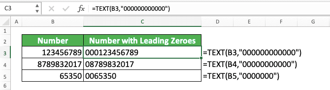 How to Add Leading Zeroes in Excel - Screenshot of the TEXT Implementation Example to Add Leading Zeroes to a Number