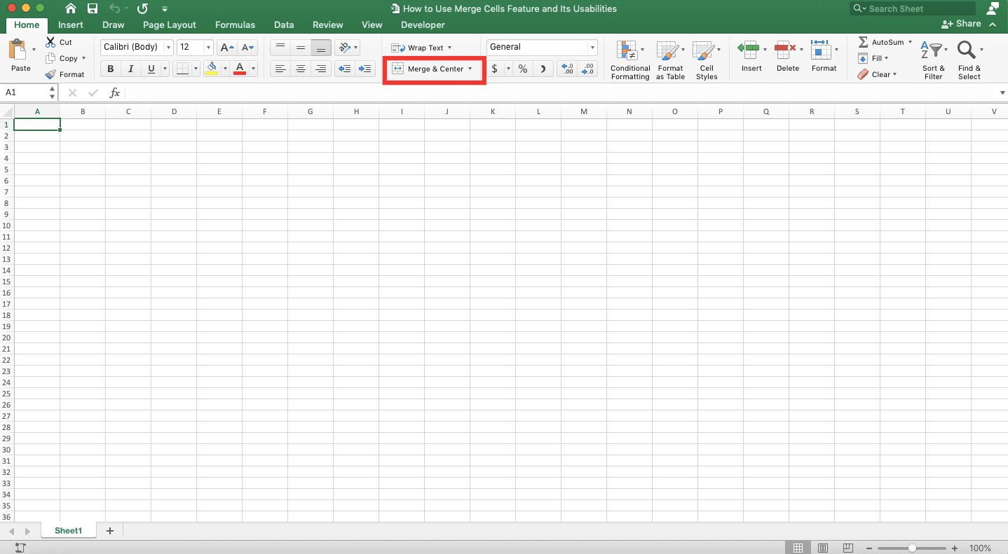 How to Use Merge Cells Feature and Its Usability - Screenshot of the Excel Merge Cells Menu Location