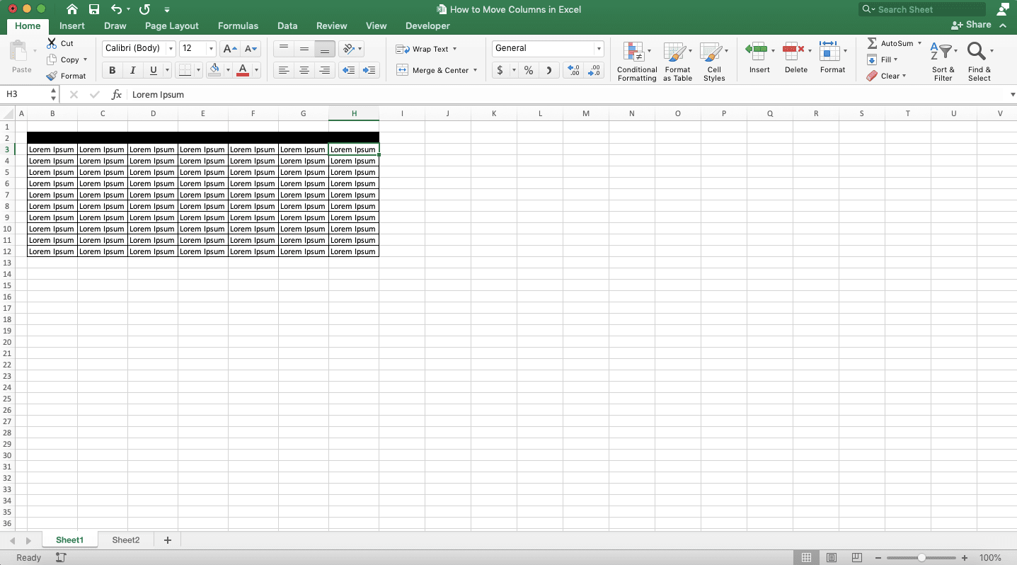 How to Move Columns in Excel - Screenshot of the Deletion Result Example for the Blank Column that Replaces the Column We Move to Another Worksheet