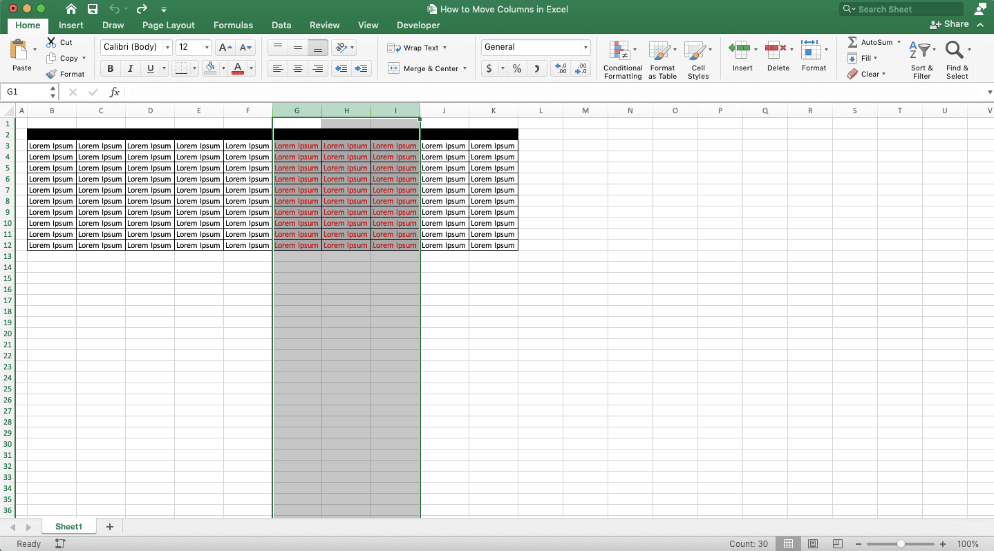 How to Move Columns in Excel - Screenshot of Step 1, Cut & Paste Method